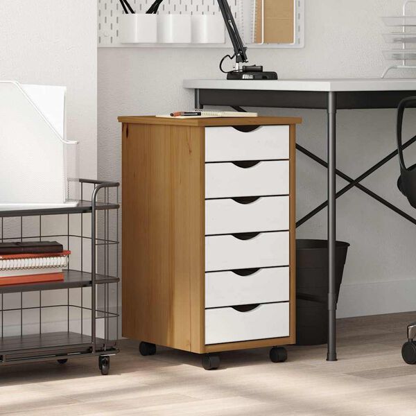 vidaXL skapis ar atvilktnēm un ritenīšiem MOSS, brūns, priedes koks