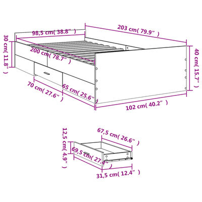 vidaXL gultas rāmis ar atvilktnēm, melns, 100x200cm, inženierijas koks