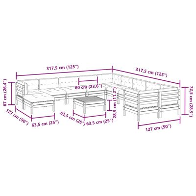 vidaXL 12-daļīgs dārza dīvāna komplekts ar matračiem impregnēta priede