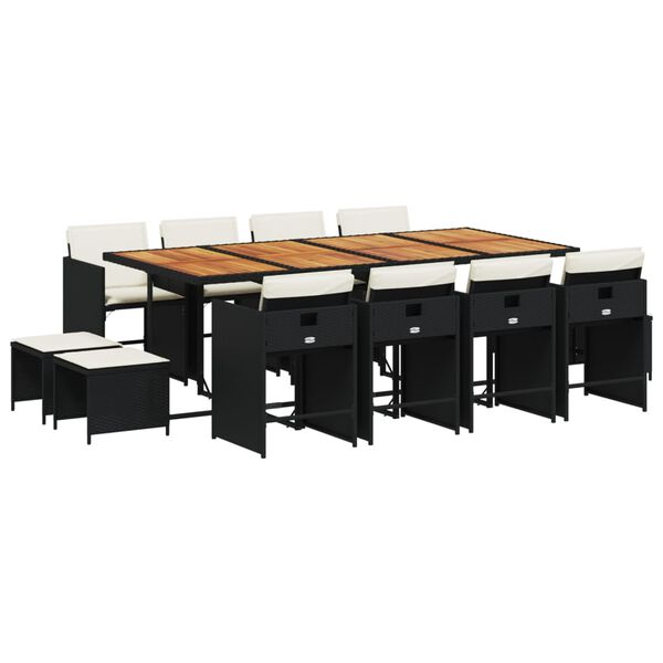vidaXL 13-daļīgs dārza mēbeļu komplekts ar matračiem, melns PE