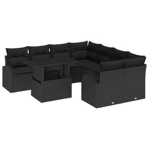 vidaXL Dārza dīvānu komplekts ar spilvenu 9 pcs Melna Polirāts
