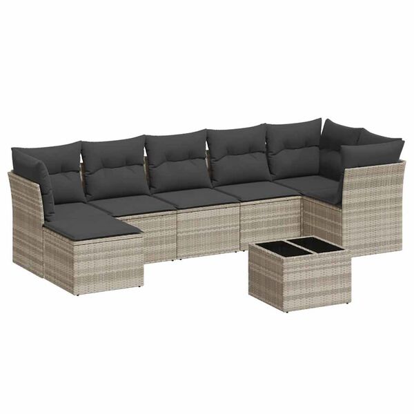vidaXL 8-daļīgs dārza dīvāna komplekts,matrači, gai&scaron;i pelēka PE pinums