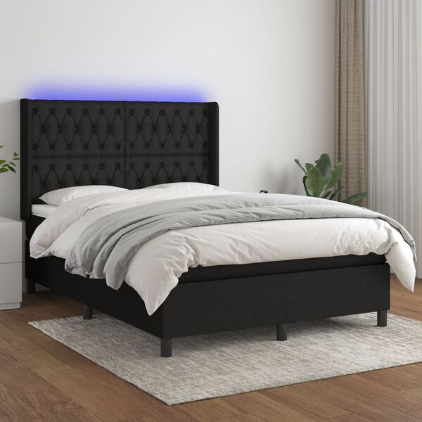 vidaXL atsperu gulta ar matraci, LED, melns audums, 140x190 cm