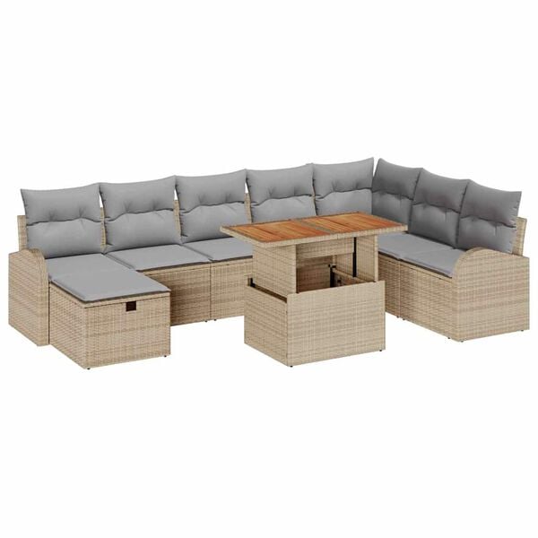 vidaXL Dārza dīvānu komplekts ar spilvenu 9 pcs Bē&scaron;a poliratāns