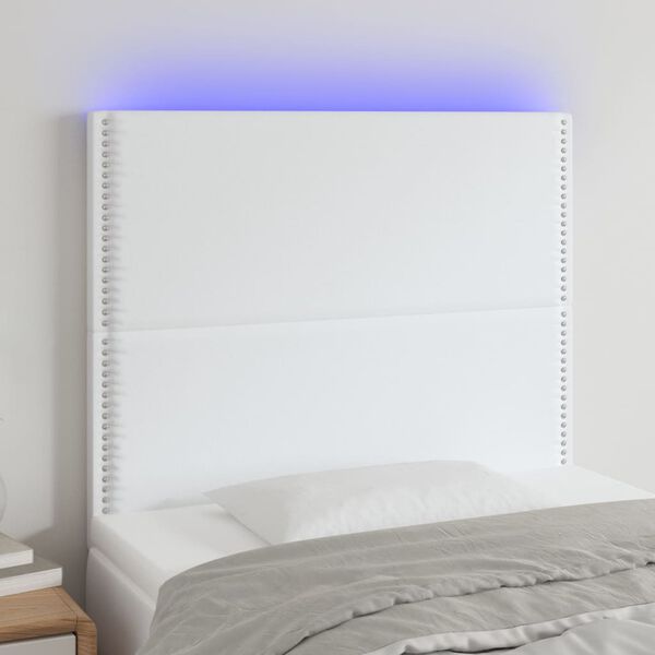 vidaXL gultas galvgalis ar LED, 80x5x118/128 cm, balta mākslīgā āda