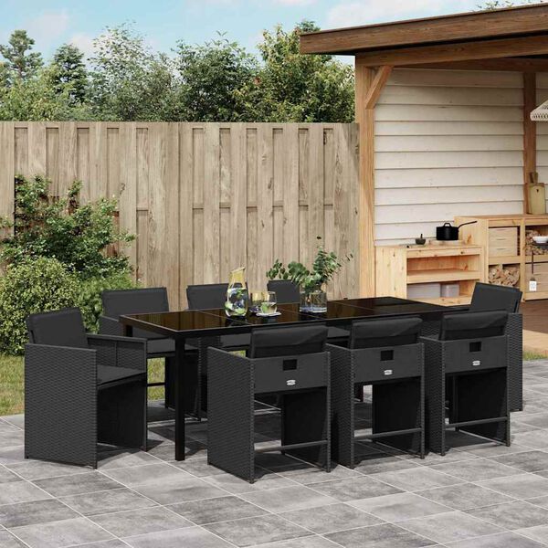 vidaXL Dārza ēdamgalds 9 pcs Melna poliratāns