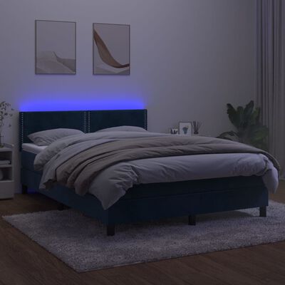 vidaXL atsperu gulta ar matraci, LED, tumši zils samts, 140x200 cm