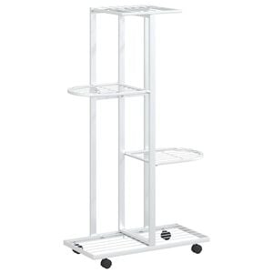 vidaXL puķu statīvs ar riteņiem, 4 līmeņi, 44x23x80 cm, balts, dzelzs