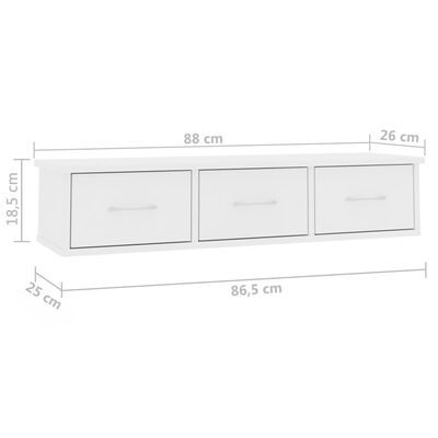 vidaXL sienas atvilktņu plaukts, balts, 88x26x18,5 cm, skaidu plāksne