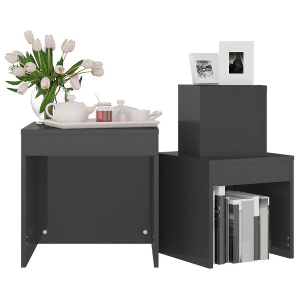 vidaXL galdiņi, 3 gab., sabīdāmi, spīdīgi pelēki, inženierijas koks