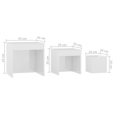 vidaXL galdiņi, 3 gab., sabīdāmi, spīdīgi balti, skaidu plāksne