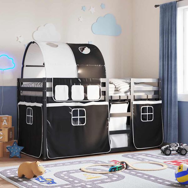 vidaXL gulta ar aizkariem, melnbalta, 90x190 cm, priedes masīvkoks