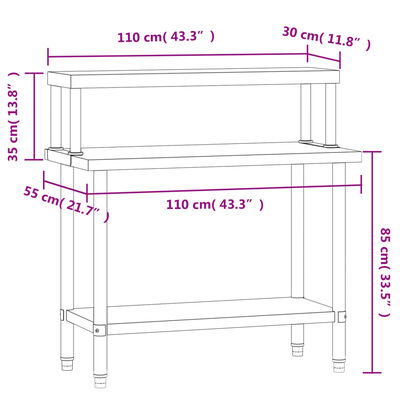 vidaXL virtuves darba galds ar plauktu, 110x55x120 cm, tērauds