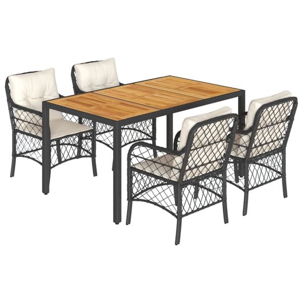 vidaXL 5-daļīgs dārza mēbeļu komplekts, matrači, melna PE rotangpalma