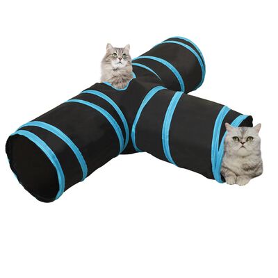 vidaXL kaķu tunelis, 3 ejas, melns un zils, 90 cm, poliesters