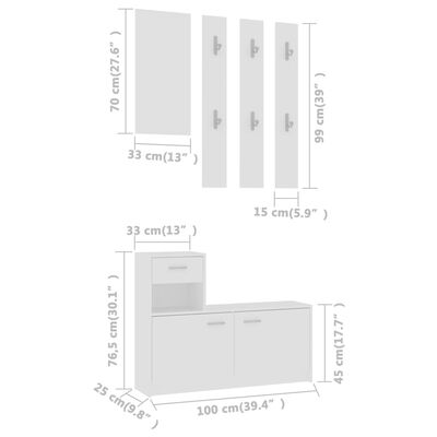 vidaXL gaiteņa mēbeļu komplekts, 100x25x76,5 cm, balts, skaidu plāksne