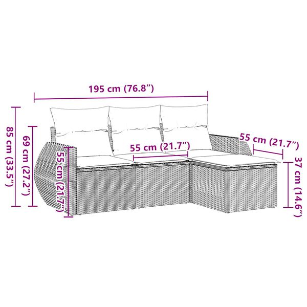 vidaXL 4-daļīgs dārza dīvāna komplekts ar matračiem, PE rotangpalma