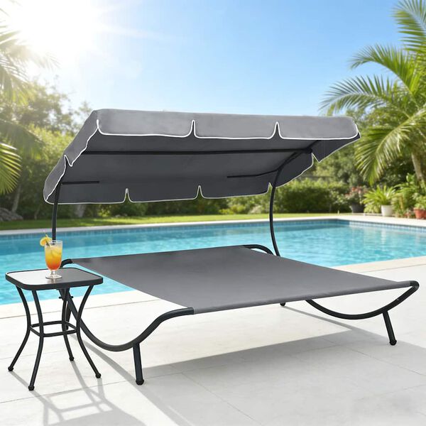 vidaXL dārza atpūtas gulta ar jumtu, pelēka