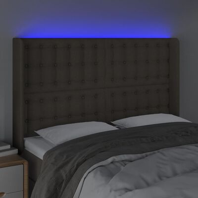 vidaXL gultas galvgalis ar LED, 147x16x118/128 cm, pelēkbrūns audums