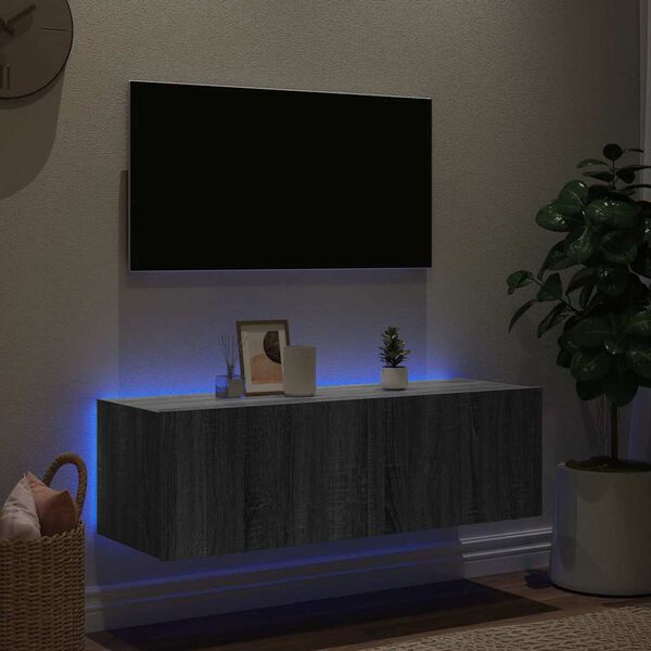 vidaXL TV skapītis ar LED lampiņām, pelēka ozola krāsa, 100x35x31 cm