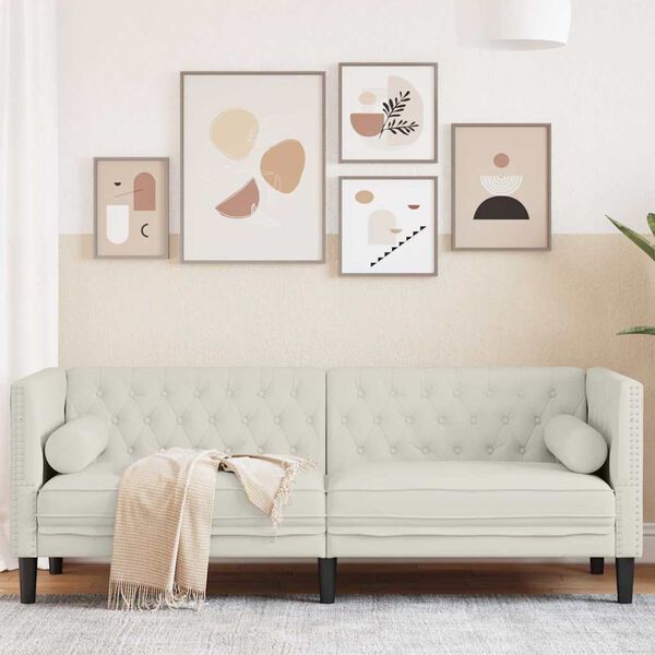 vidaXL Chesterfield dīvāns ar balstiem, trīsvietīgs, krēmkrāsas samts
