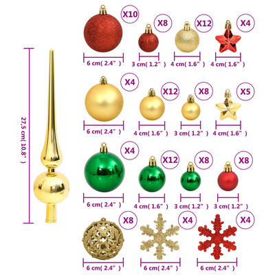 vidaXL Ziemassvētku eglītes rotājumi, 112 gb., sarkani, zaļi, zeltaini