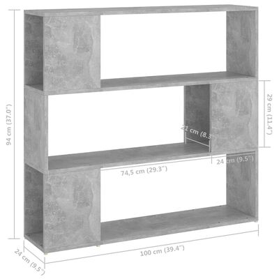 vidaXL grāmatu plaukts, betona pelēks, 100x24x94 cm