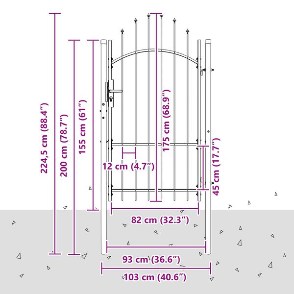 vidaXL Dārza vārti ar slēdzeni Pelēka 175 x 100 cm Tērauds
