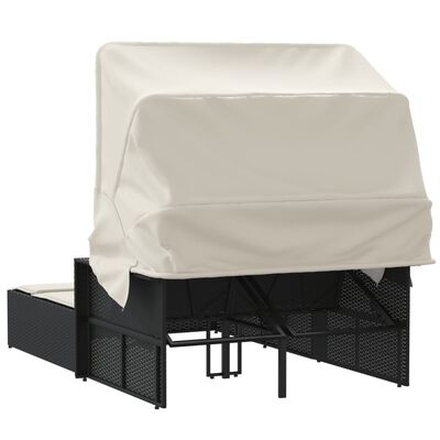 vidaXL divvietīgs sauļošanās krēsls ar jumtiņu, melna PE rotangpalma