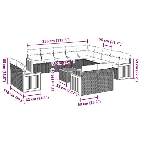 vidaXL 14-daļīgs dārza dīvāna komplekts, matrači, melna PE rotangpalma