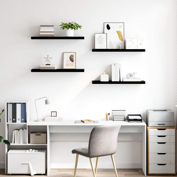 vidaXL sienas plaukti, 4 gab., spīdīgi melni, 80x23,5x3,8 cm, MDF