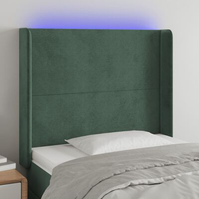vidaXL gultas galvgalis ar LED, 103x16x118/128 cm, tumši zaļš samts