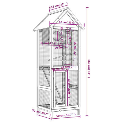 vidaXL putnu māja, pelēka, 60x58,5x160 cm, priedes masīvkoks