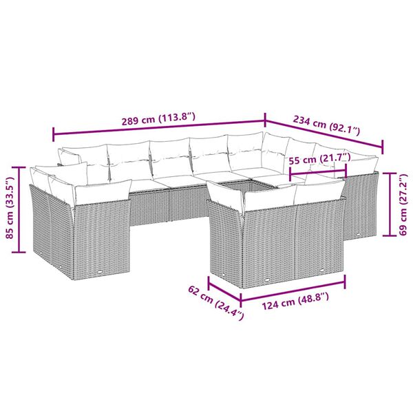 vidaXL 12-daļīgs dārza dīvāna komplekts, matrači, brūna PE rotangpalma