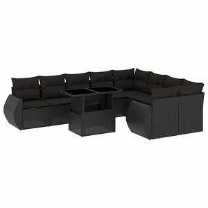 vidaXL 10-daļīgs dārza dīvāna komplekts, matrači, melna PE rotangpalma
