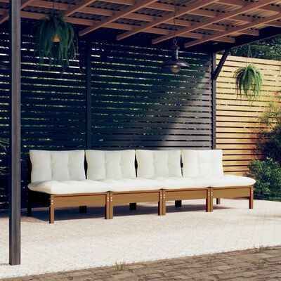 vidaXL 4-vietīgs dārza dīvāns ar krēmkrāsas spilveniem, priedes koks