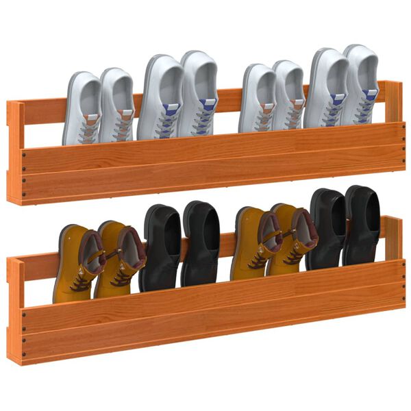 vidaXL sienas apavu plaukti, 2gab., 110x8,5x23,5cm, brūns priedes koks