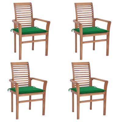 vidaXL virtuves krēsli, 4 gab., zaļi matrači, masīvs tīkkoks