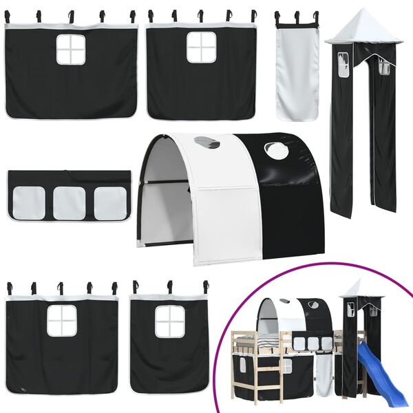 vidaXL aizkari augstajai gultai ar tuneli un torni, melni ar baltu