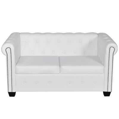 vidaXL Chesterfield dīvāns, divvietīgs, balta mākslīgā āda