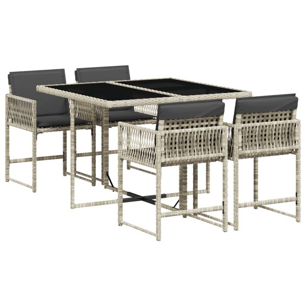 vidaXL 5-daļīgs dārza mēbeļu komplekts, matrači,gai&scaron;i pelēka PE pinums