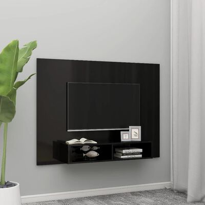 vidaXL sienas TV plaukts, spīdīgi melns, 135x23,5x90 cm, skaidu plātne