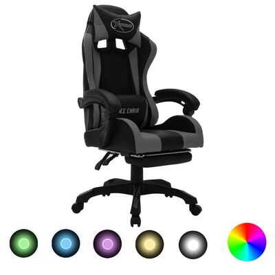 vidaXL biroja krēsls, RGB LED gaismas, pelēka un melna mākslīgā āda