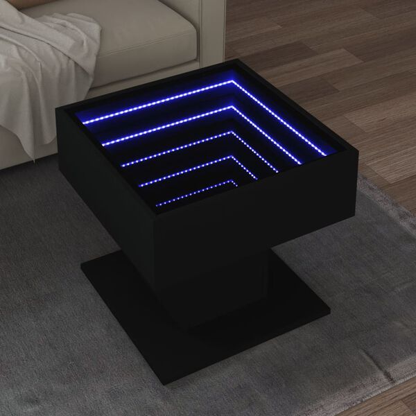 vidaXL kafijas galdiņš ar LED, melns, 50x50x45 cm, inženierijas koks