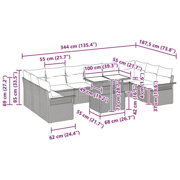 vidaXL Dārza dīvānu komplekts ar spilvenu 11 pcs Bēša Polirāts