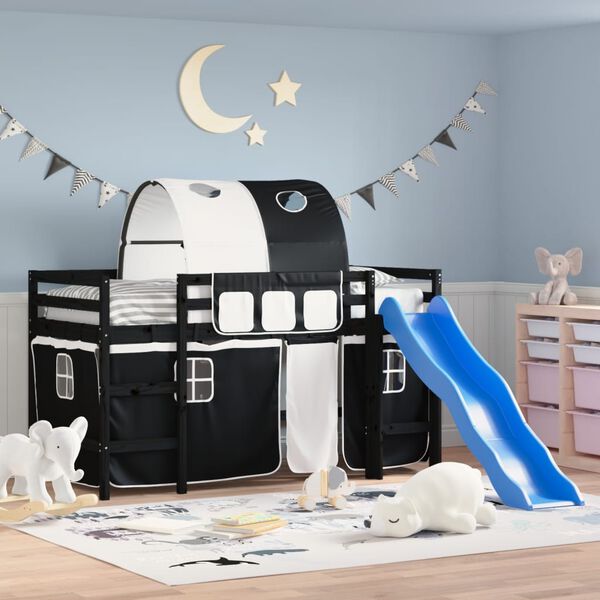 vidaXL bērnu augstā gulta ar tuneli, melni balta, 90x190 cm, priede