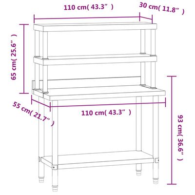 vidaXL virtuves darba galds ar plauktu, 110x55x150 cm, tērauds
