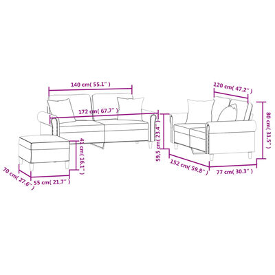 vidaXL trīsdaļīgs dīvānu komplekts ar spilveniem, gaiši pelēks samts