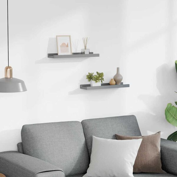 vidaXL sienas plaukti ar apmalēm, 2 gab., pelēki, 40x9x3 cm, MDF