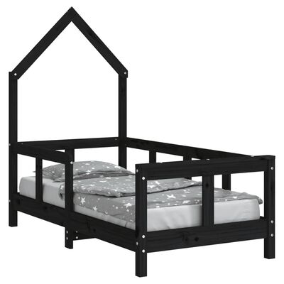 vidaXL bērnu gultas rāmis, melns, 70x140 cm, priedes masīvkoks